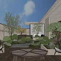 Roof Garden With Wooden Deck Wicker Chairs Round Table Green Plants And Trees