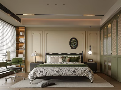 Elegant Bedroom Interior With Floral Bedspread Green Chair Paneled Walls And Window Blinds 3d model