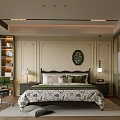 Elegant Bedroom Interior With Floral Bedspread Green Chair Paneled Walls And Window Blinds