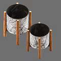 Modern Cylindrical Side Tables Featuring Black Tabletop And Wooden Legs With Feather Pattern 3d model