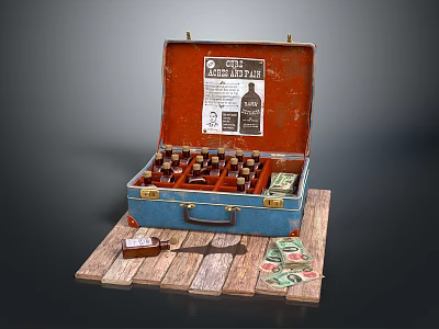 Vintage Open Suitcase Displaying Whisky Bottles And Money On Wooden Board 3d model