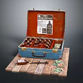 Vintage Open Suitcase Displaying Whisky Bottles And Money On Wooden Board