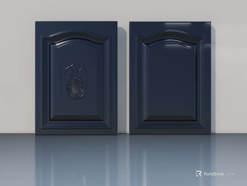 Two Dark Blue Flush Doors With Decorative Patterns And Glossy Surface Finish 3d model 