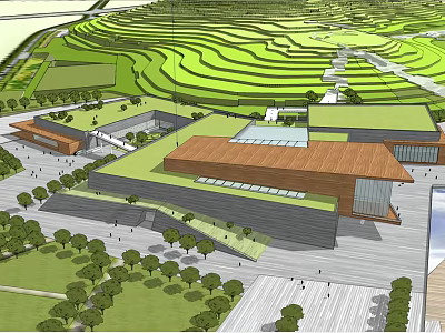 Modern Architectural Complex Featuring Green Terrace Fields Courtyard Gardens And Open Spaces 3d model