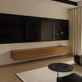 Modern Living Room Interior With Wooden TV Cabinet Beige Curtains Blinds And Black Leather Sofa