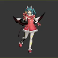 Anime Game Character With Blue Hair Horns Wearing Red Dress Black Wings Holding Lollipop