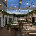 Elegant Outdoor Dining Area With Vines String Lights Tables Chairs And Umbrellas 3d model