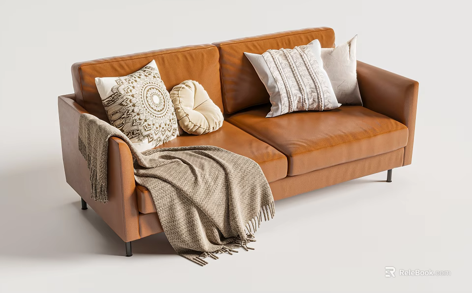 Brown Leather Multi Seater Sofa With Decorative Pillows And Throw Blanket 3d model