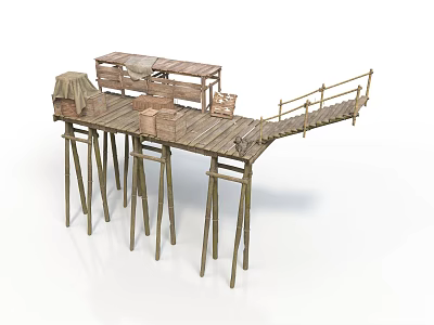 Wooden Stilt Platform With Cargo Boxes Canvas Cover And Railed Walkway 3d model