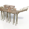 Wooden Stilt Platform With Cargo Boxes Canvas Cover And Railed Walkway