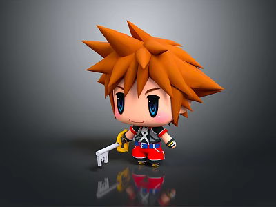 3D Cartoon Character With Spiky Orange Hair Blue Eyes Holding Key Wearing Red Blue Outfit 3d model
