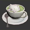 White Ceramic Cup With Green Drink And Cat Shaped Foam On Saucer With Spoon