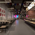 Two Story Restaurant Interior With Wing Shaped Lighting Concrete Walls Red Brick Accents And Tables