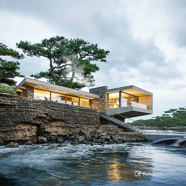 Cliffside Detached Villa with Stone Walls Large Windows and Pine Trees Near Waterfront 3d model 