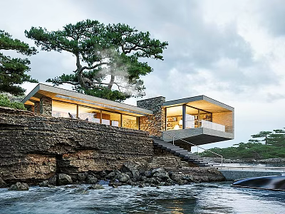 Cliffside Detached Villa with Stone Walls Large Windows and Pine Trees Near Waterfront 3d model