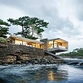 Cliffside Detached Villa with Stone Walls Large Windows and Pine Trees Near Waterfront