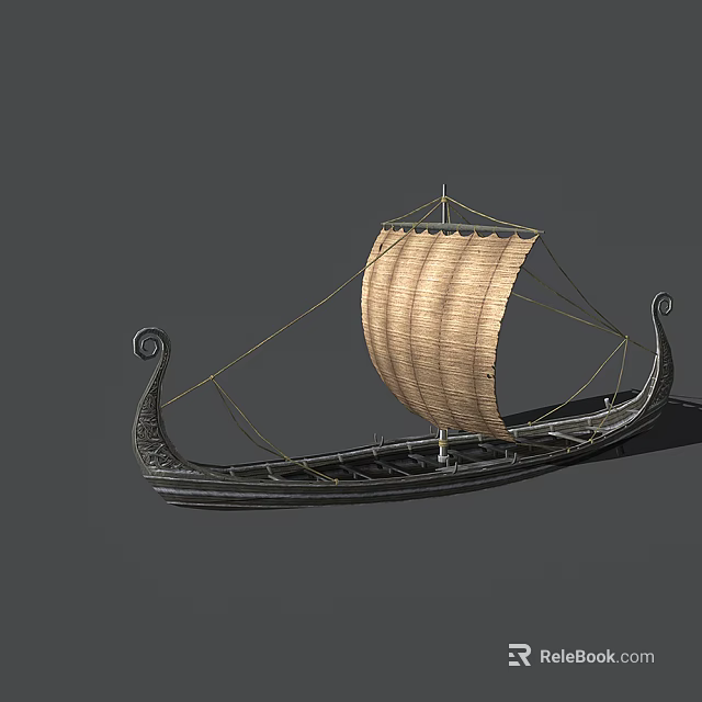Ancient Wooden Ship With Large Sail And Ornate Curved Prow Structure 3d model 