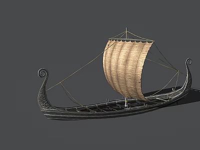 Ancient Wooden Ship With Large Sail And Ornate Curved Prow Structure 3d model