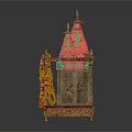 Handcrafted Traditional Shrine Cabinet with Ornate Spire Tops Pink Gold Decor Peacock Background Deity Statue