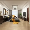 Modern Living Room Interior With Crystal Chandelier Black Sofa Orange Armchair And Horse Paintings