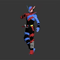 Armored Character With Insect Features In Red Blue Black Armor And Striped Details Standing Pose