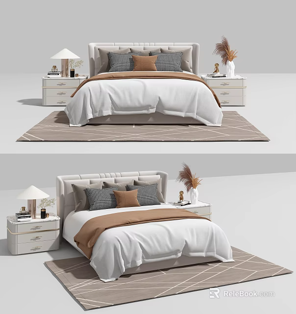 Modern Double Bed With White Bedspread Brown Pillows Nightstands And Table Lamps 3d model