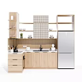Modern Kitchen Interior With Wooden Cabinets Stove Sink Open Shelves And Refrigerator