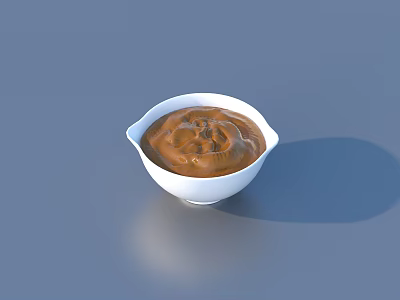 Delicious Creamy Brown Sauce in White Bowl on Blue Surface 3d model