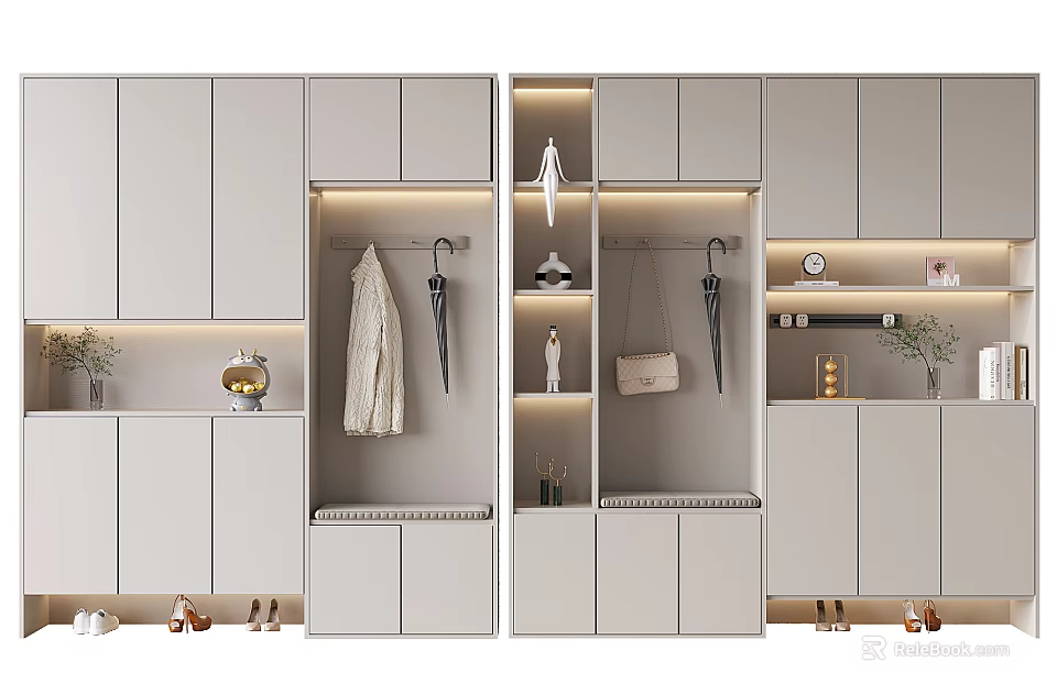 Modern Shoe Cabinet Design With LED Lighting Hooks And Storage Space 3d model