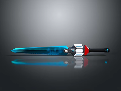 Glowing Blue Blade Sword With Red White Hilt And Black Handle On Gray Background 3d model