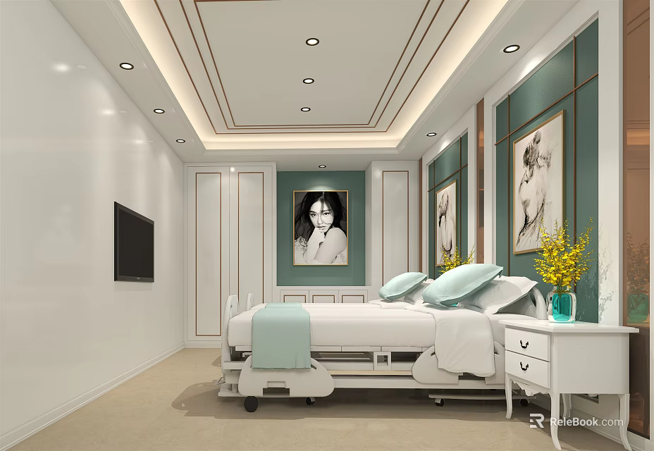Modern Luxury Bedroom Interior With Bed TV Decorative Paintings Nightstand And Vase 3d model 