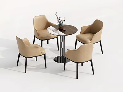 Modern Round Table And Beige Chair Set With Flower Vase Decoration For Dining Room 3d model