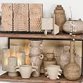 Rustic Decorative Ornaments Set On Shelves With Clay Pots Vases Pampas Grass And Books