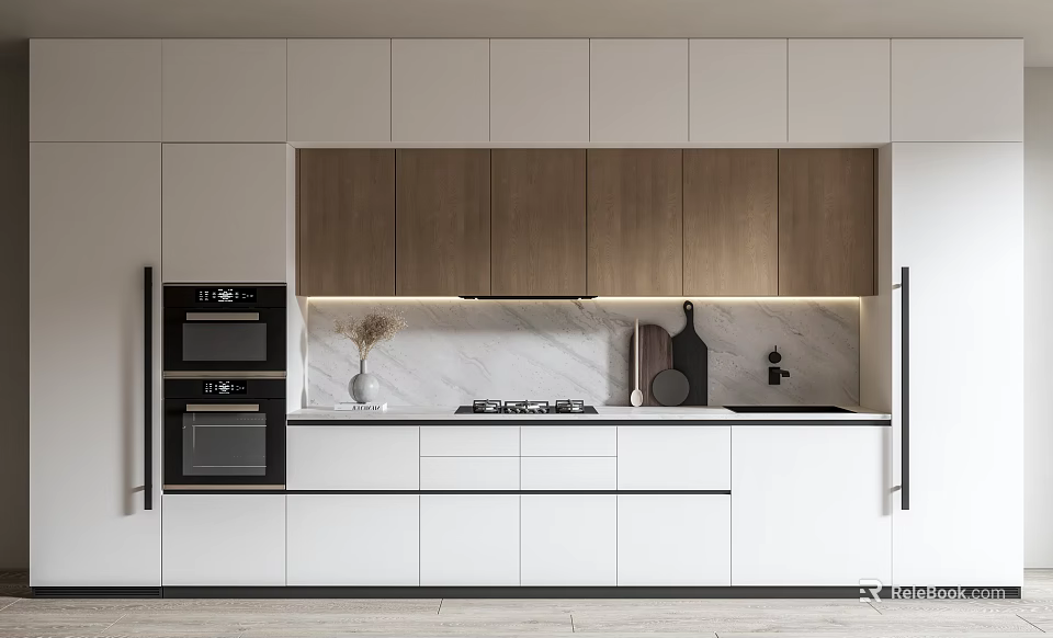 Modern Kitchen With White And Wooden Cabinets Marble Countertop Oven And Sink 3d model 