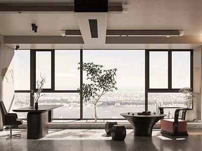 Modern Study Room With Panoramic City View And Indoor Plants 3d model
