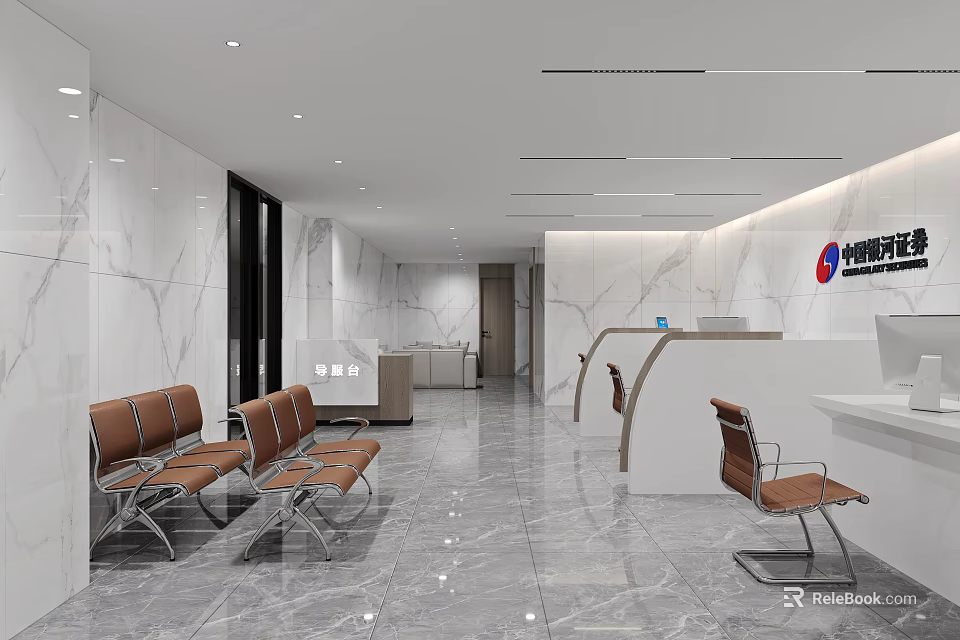 Bright Modern Marble Bank Lobby With Comfortable Customer Waiting Chairs And Neat Service Counters 3d model 
