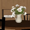 Wooden Desk With White Vase Light Pink Flowers Black Chairs And Books On Cabinet