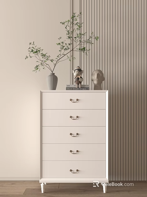 White Dresser With Multiple Drawers And Decorative Vase Figurine On Striped Wall Background 3d model 