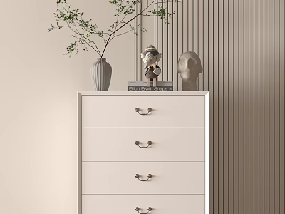 White Dresser With Multiple Drawers And Decorative Vase Figurine On Striped Wall Background 3d model