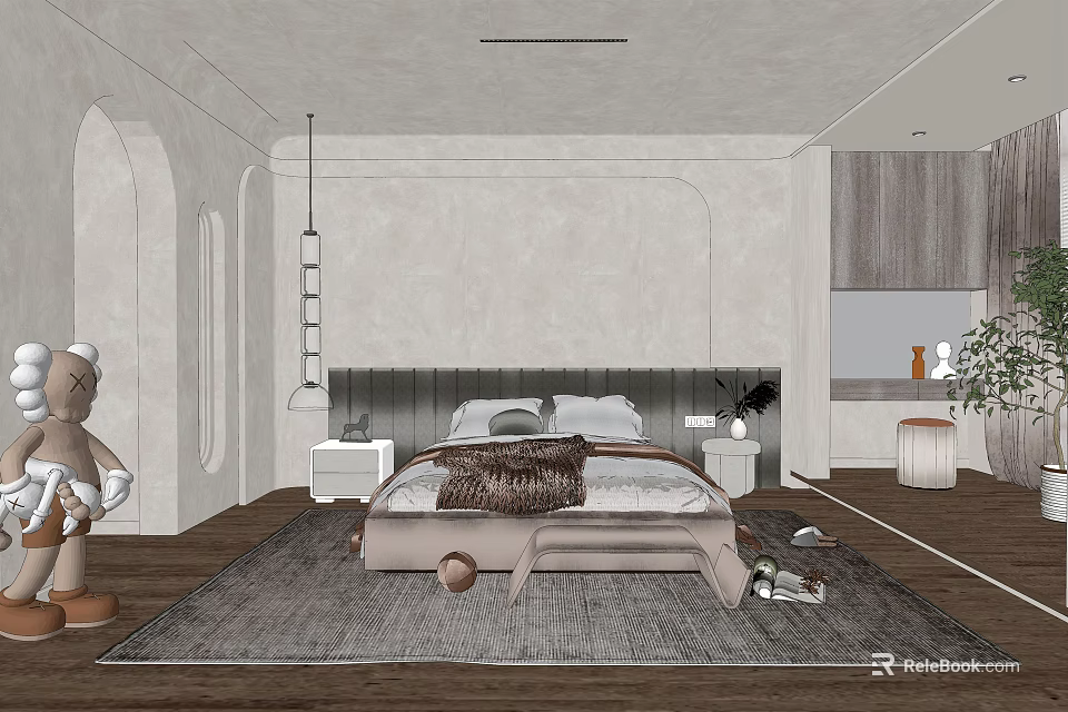 Modern Bedroom Interior With Curved Headboard Wall Hanging Pendant Light Wooden Flooring And Soft Rug 3d model 
