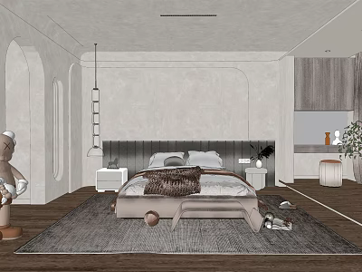 Modern Bedroom Interior With Curved Headboard Wall Hanging Pendant Light Wooden Flooring And Soft Rug 3d model