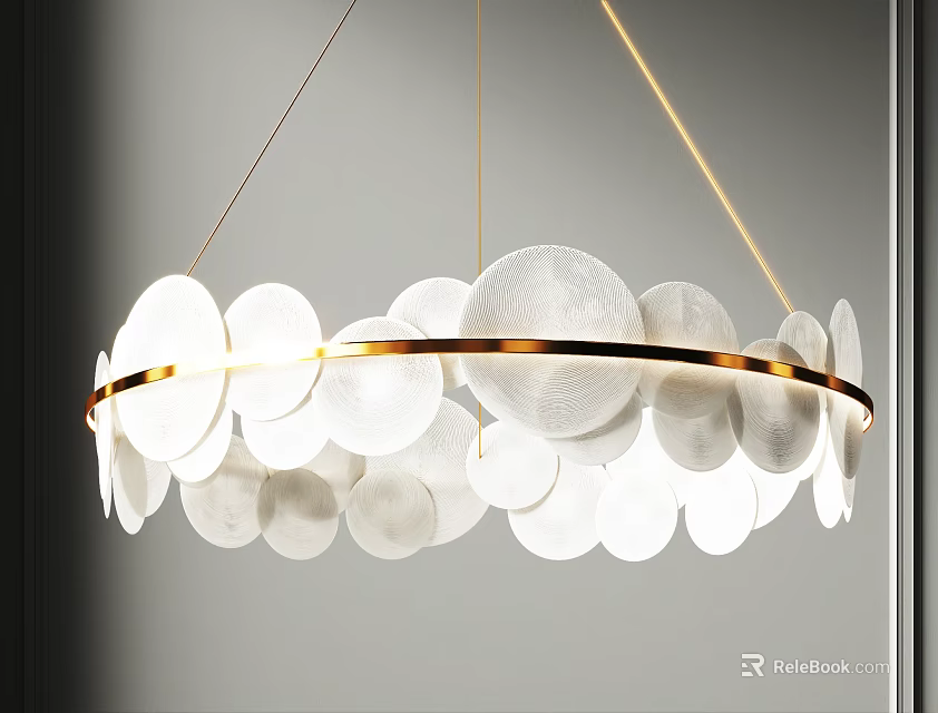 Elegant Modern Chandelier Design With White Circular Shades And Gold Metal Ring 3d model 