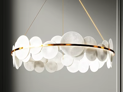 Elegant Modern Chandelier Design With White Circular Shades And Gold Metal Ring 3d model
