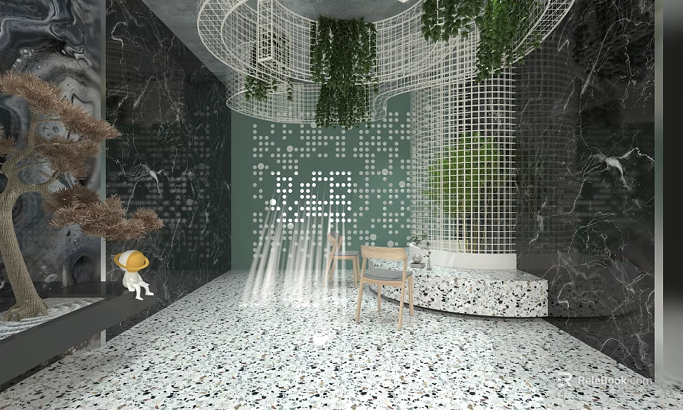Modern Leisure Area With Green Plants Grid Decoration Terrazzo Floor Wooden Chairs And Light Effects 3d model 