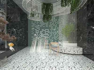 Modern Leisure Area With Green Plants Grid Decoration Terrazzo Floor Wooden Chairs And Light Effects 3d model
