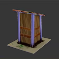Wooden Panel Structure With Blue Frame Orange Roof And Green Details On Platform Base