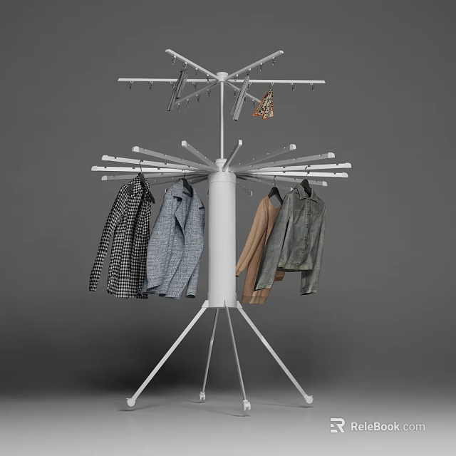 White Floor Standing Clothes Hanger With Multiple Arms For Hanging Various Clothes 3d model