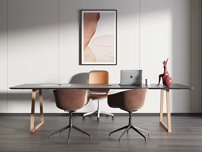 Modern Interior With Stylish Table And Chairs Set Featuring Laptop Red Decor And Wall Art 3d model
