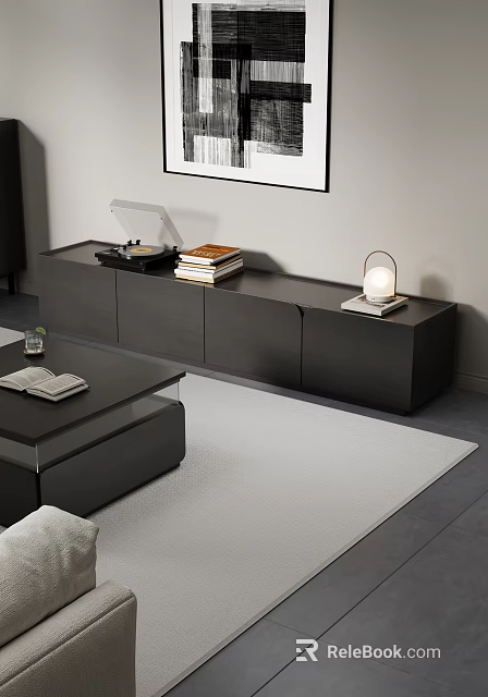 Modern Minimalist Black TV Stand With Vinyl Record Player Stacked Books And Table Lamp 3d model 
