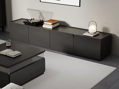 Modern Minimalist Black TV Stand With Vinyl Record Player Stacked Books And Table Lamp 3d model